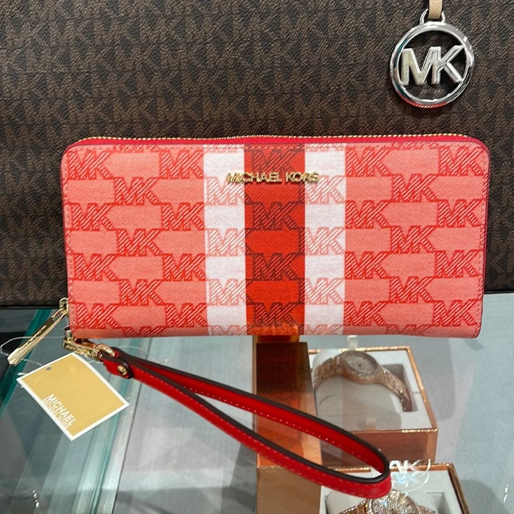 MICHAEL KORS Leather Continental Phone Holder Wristlet Wallet Dark Sungria NWT